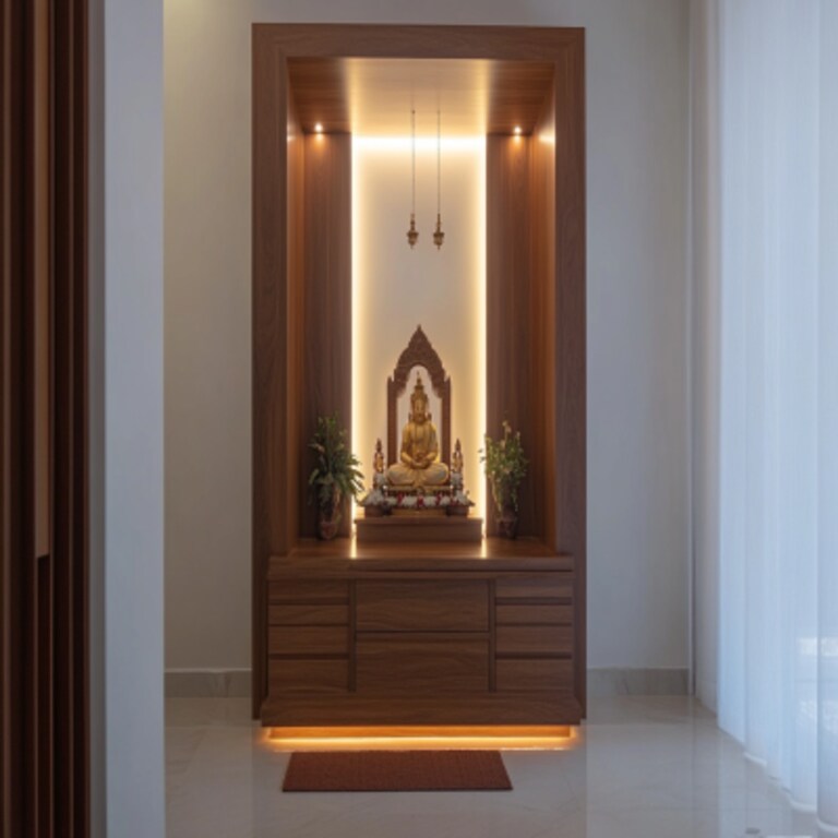 Modern Pooja Room Mandir Design With Strip Lighting And Inbuilt Drawers